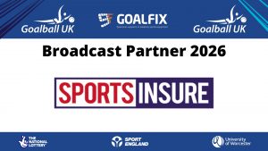 Broadcast partner promotional graphic. The top and bottom of the graphic are blue, and the middle is white with black text reading "Broadcast partner 2026" and the Sports Insure logo underneath.