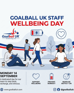 Image Description: Goalball UK Wellbeing Day Graphic, featuring cartoon people taking part in different relaxation activities including reading, meditating and walking in nature.