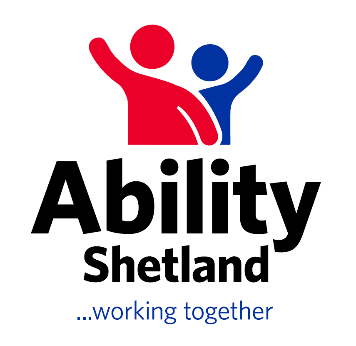 Ability Shetland logo. Two stylised people, with their arms in the air, above text that reads Ability Shetland...working together.